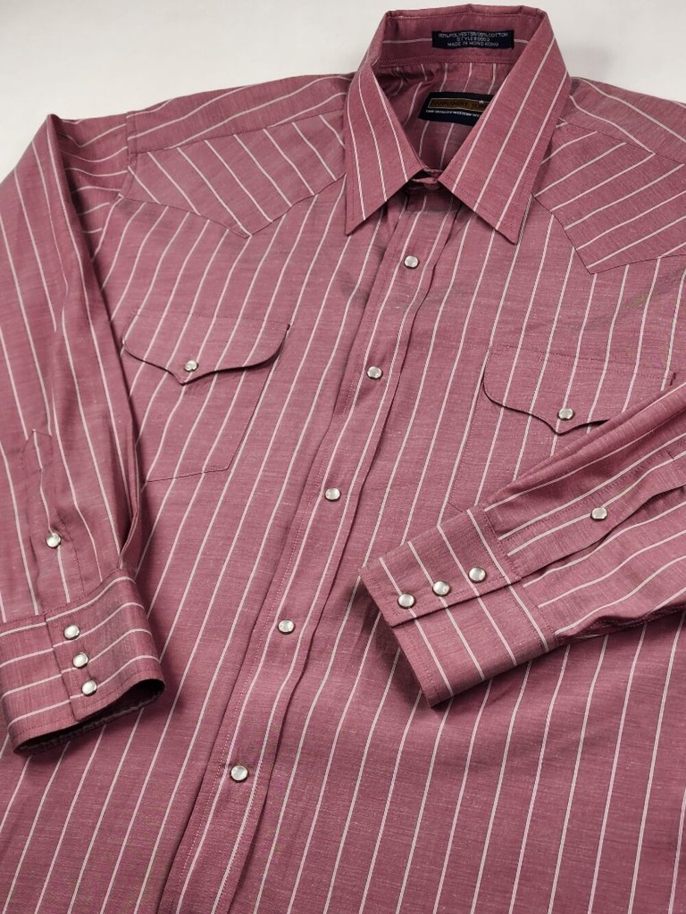 VTG Panhandle Slim Mens L 17 34 Pearl Snap Button Mauve Silver Striped L/S Shirt